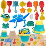 Jeackcelle Sand Toys for Kids - Beach Toys Set, 25PCS Dinosaur Beach Toys Set with Collapsible Beach Bucket, Travel Beach Toys Sand Molds, Rake, Sandbox Toys, Sand Castle Building Kit for Toddlers