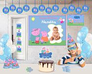 WoW Party Studio Personalized Pig Cartoon Theme Happy Birthday Party Decorations Supplies with Birthday Boy/Girl Name, Age & Image - Combo Kit (Blue, Green, Blue, Green) - 100 Pieces