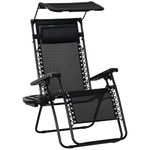 Outsunny Foldable Lounge Chair with Canopy Shade, Outdoor Zero Gravity Chair w/Side Tray & Cup Holder, Reclining Lounger w/Breathable Mesh Fabric Seat, Pillow, Black
