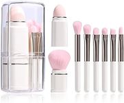 JPNK Portable Makeup Brushes For Travel Makeup - 8 in 1 Travel Loose Powder Brush, Angled Brush,Foundation Blending Lip Brush Retractable Makeup Brushes Sets (White)