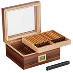 Somduy Cigar Humidor for 30-50 Cigars with Humidifier and Hygrometer,Desktop Cedar Wood Cigar Box Storage Case with Divider, Glass Top, Gift for Men (Brown)