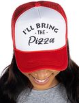 Funky Junque Bridal Bachelorette Party Snap Back Foam Trucker Hat I'll Bring The Baseball Cap, I'll Bring the Pizza - White/Red, One Size