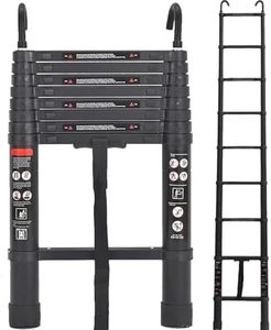 Exleiter Aluminum Telescoping Ladder, 2.6M/8.5FT Portable Extension Ladder with 2 Detachable Hooks Extendable Folding Anti-Slip Loft Ladder with Certificate EN 131, Black