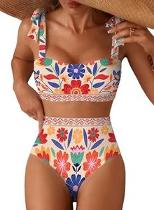 Herseas Womens Bikini Sets Two Piece Full Coverage Swimsuits Shoulder Strap Knot Padded High Rise Tummy Control Bathing Suits Teens Slimming Swimwear Beach Vacation Clothes Orange X-Small