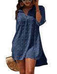 Blooming Jelly Womens Swimsuit Coverups White Chiffon Bikini Swimwear Beach Cover Up Dress Shirt, Navy Blue, L