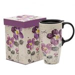 Ceramic Mug Tall Coffee Cup with Lid, Handle and Color Box Latte Mug, 17oz. Purple Flower