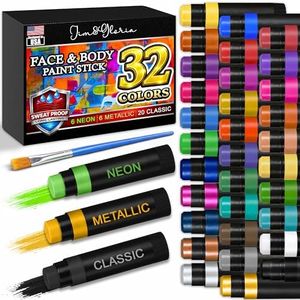 Jim&Gloria Bulk Face Painting Kit - 32 Metallic, Neon, and Classic Colors + Makeup Brush. Skin-Safe Washable, Professional Body Paint Crayon Set. Perfect for Crafts, Toys, Easter, and Gifts for Kids