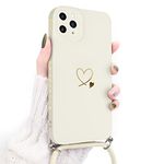 Newseego Lanyard Case Compatible for iPhone 11 Pro Max, Cute Gold Love Heart Pattern Women Girls Liquid Silicone Protective iPhone 11 Pro Max Case with Heart Side Frame Adjustable Neck Strap-White