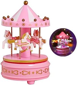 XineYuor LED Caja de Música Carrusel con 4 Caballos Caja de Música Carrusel Regalo Navidad Boda Regalo de cumpleaños Decoración (Rosa)