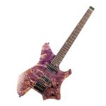 EART Headless Electric Guitar GW2 fixed Bridge for 6 String Travel Guitar, Stainless Steel Frets, Poplar Burl Venner Top, Purple