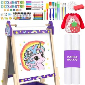 MekyrCreo Art Easel for Kids Easel for Toddlers,Adjustable Standing Wooden Toddler Easels White Board & Chalkboard for Kids,Paint Art Easel for Kids 2-4 4-8 9-12 Painting Easels Birthday Gift (Purple)