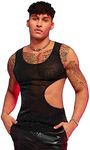 GORGLITTER Men's Glitter See Through Tank Top Cut Out Sheer Sleeveless Tanks Shirt Black Large