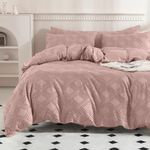 JELLYMONI Pink Duvet Cover Queen Size - Microfiber Tufted Duvet Cover Set, Boho Textured Duvet Cover Jacquard Rhombus Geometric Pattern Duvet Cover with Corner Ties & Zipper Closure