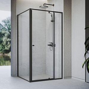 ELEGANT Semi-Frameless Shower Doors, Black Pivot Door, Fits 90-100cm, with 90cm Side Panel, 5mm Safety Glass Rail Adjustable, Reversible Shower Enclosure Cubicle