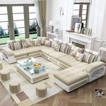 Torque - Silvester 12 Seater U Shape Premium Sectional Fabric Sofa Set with 4 Puffy (Right Side, Beige & White) | Couch for Living Room | 3 Years Warranty