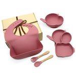 BABYHOP Silicone Baby & Infant Feeding Set (5 Pcs Pack - Bib, Spoon, Fork, Bowl, Plate) Suction Bowl, Divided Plate, Adjustable Bib, Soft Spoon & Fork -Training Eating Utensils (Pink)