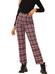 Allegra K Women's Halloween Costume Work Trousers High Waist Plaid Tartan Check Button Straight Leg Casual Pants Red XL