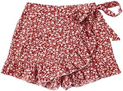 MakeMeChic Women's Boho Floral Print Elastic Waist Ruffle Wrap Tie Skorts Skirt Skorts Red and White XL