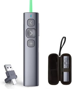 Norwii N95 Presentation Clicker, PowerPoint Clicker for Presentation Remote, Rechargeable Wireless Presenter Pointer, Slide Advancer for PC/Laptop/e-Book (BLE&USB-A&C, Green Light)