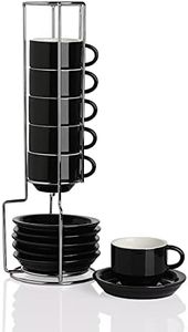 Sweejar Porcelain Espresso Cup & Saucer Set, Stackable Demitasse Cups with Metal Stand, 2.5 OZ for Latte,Coffee,Cafe Mocha,Tea, Set of 6 (Black New)