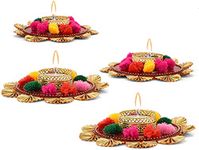 Collectible India Set of 4 Assorted Mix Color Round Metallic Diya Tea Light Candle Holder for Home Temple Festival Decoration Puja Articles Decor Gifts TeaLight (4 Pcs)