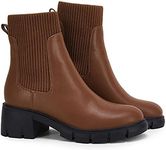 Ruanyu Womens Ankle Boots Elastic Chunky Block Heel Chelsea Booties Lug Sole Platform Shoes Brown