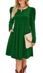 Aokosor Womens Tunic Dress Pleated Ladies Gigot Long Sleeve Casual Dress with Pockets Green Size 14-16