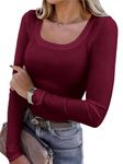 Dazevt Womens Long Sleeve Scoop Neck Ribbed Knit Tops Stretch Slim Fitted Underscrubs Casual Basic T Shirt(Large, Wine red)