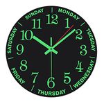 WOOPHEN 12 Inch Luminous Wall Clock Wooden Silent Non-Ticking Battery Powered Wall Clocks With Day Week for Living Room, Bedroom, Kitchen, Office and School (Black)