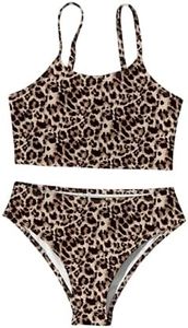SHENHE Girl's 2 Piece Swimsuits Floral Leopard Print Adjustable Strap Cute Bathing Suits Dark Khaki 5Y