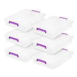 IRIS USA 5.7L (6 US Qt) Medium Plastic Storage Bins with Secure Buckles and Portable Handle, 6-Pack, Organizer Container Box for Stationery Craft Beauty and Household Supplies, Clear/Violet