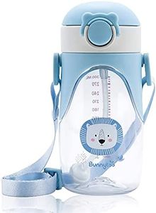 Bunnytoo Niños Botella Agua, Sin Fugas,Botella de Agua Niños y Niñas Sin BPA Tritan Botella de Agua Deporte con Pajita y Correa para Infantil, Escuela, Corrida, Senderismo y Actividades al Aire-Azul