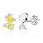 Peanuts Womens Woodstock and Snoopy Earrings - Silver Plate and Enamel Snoopy Stud Earrings - Officially Licensed, Brass, No Gemstone