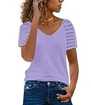 AISEW Womens Short Sleeve V Neck T-Shirt Striped Sheer Mesh Raglan Tees Loose Casual Tops (1199Purple, X-Large)