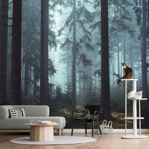 HueBurst Foggy Forest Wallpaper Peel and Stick Dark Woodland Pine Tree Wall Mural Self-Adhesive Large Misty Forest Scene Wall Mural Wallpaper for Bedroom Living Room (133x110IN)