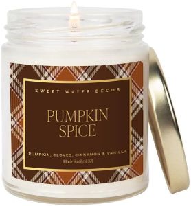 Sweet Water Decor Pumpkin Spice Candle, Autumn Scented Notes of Pumpkin, Cloves, & Buttercream, 40+ Hour Burn Time, Non-Toxic Soy Wax Blend, Poured in the USA, Cotton Wick, 9oz Glass Jar with Gold Lid