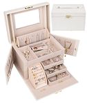 SANSREPONSE Jewelry Box Organizer Faux-Leather with Lock Mirror Three Sizes Gift for Women (Pearl White-M)