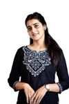 Women Embroidered Rayon Straight Kurta | Designer V-Neck Short Straight Kurti with 3Quarter Sleeves | Women's Cotton Top |Tunic -XL,Black2