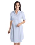 Hanro Women's Cotton Deluxe Short Sleeve Button Front Gown, Blue Glow, Small