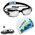 SLOVIC Black Swimming Goggles & White-Blue Printed Swimming Caps for Men & Women with Silicon Nose Bridge | Free Size Cap, UV-Protected Anti-Fog Glasses, Push-Button Strap with Ear Plugs & Nose Clip