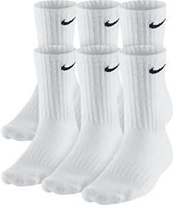 NIKE Dri-Fit Classic Cushioned Crew Socks 6 PAIR White with Black Swoosh Logo) LARGE 8-12