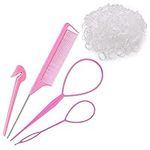 SWEET VIEW Hair Loop Styling Tool Set with 1000 Pcs Clear Mini Elastic Hair Bands 1 Pcs Rat Tail Combs for Braiding Styling 2 Pcs Hair Pull Through Tool 1 Pcs Hair Band Cutter - Pink