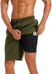 difficort Mens Swimming Trunks with Compression Liner Quick Dry Swimwear Beach Shorts with Zipper Pockets,Army Green,Small