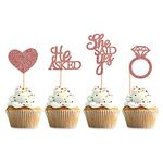 Blumomon 24Pcs Rose Gold Glitter He Asked She Said Yes Cupcake Toppers Diamond Ring Heart Cake Picks for Wedding Engagement Bridal Shower Cake Picks Bachelorette Party Decorations