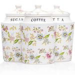 25DOL Coffee Tea Sugar Canister Set with Airtight Lids - Elegant Flower Kitchen Canisters Set of 3 Pantry Jars Containers - Decorative Ceramic Canister Set for Countertop or Coffee Bar - 13.5 Ounce …