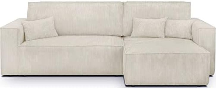 HOMIFAB Canapé d'angle Convertible réversible 4 Places avec Coffre de Rangement en Velours côtelé Beige - Livia