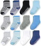 CozyWay Toddler Boy Socks With Grippers Non Slip Crew Grip Socks for Boys Soft Comfy Cotton - 3T-5T Multi Color Blue - 12 Pack