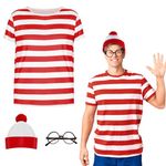 Wally Costume Cosplay Accessories Set with Red and White Striped T-Shirt, Beanie Hat, Black Nerd Glasses Fancy Dress for Adult, Kids World Book Day, Halloween，School Dress up Day