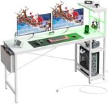 Bestier 61 Inch Gaming Desk with Power Outlets, Large LED Gamer Desk with Reversible Shelves, PC Gaming Table with Headset Hook & Side Storage Bag for Bedroom (White 3D Carbon Fiber)