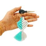 Tailored knots Handmade Macrame key chain,key chain for girlskey rings for home,keychain for bike and car having Golden Keyring,cute keychain bag charm key organiser (White and Sky Green)